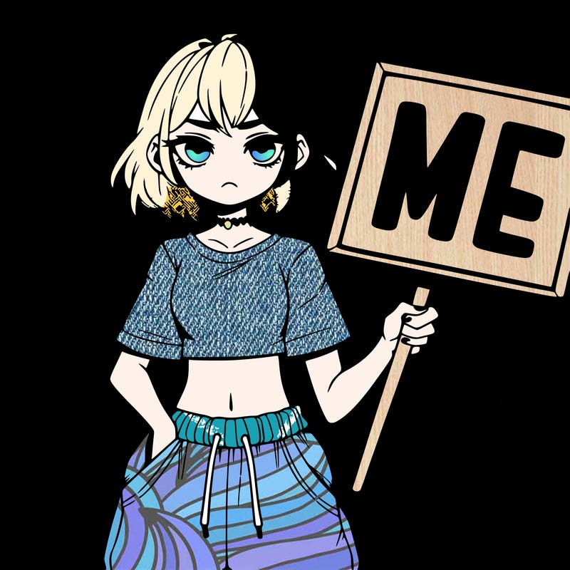 teen angry girl manga wearing crop top and  sweatpants and holding a sign that says me ￼