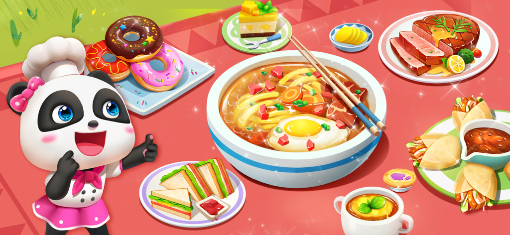 Little Panda chef in a pink outfit standing next to a table full of international food like noodles, donuts, and sandwiches