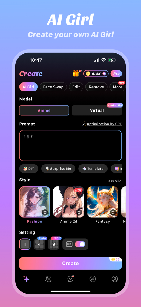 Midoll-Create&Chat AI girl - Mobile app interface for creating and customizing an AI girl with anime and virtual styles