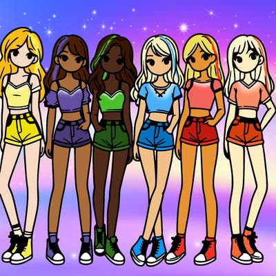 a group of girls wearing crop tops and shorts