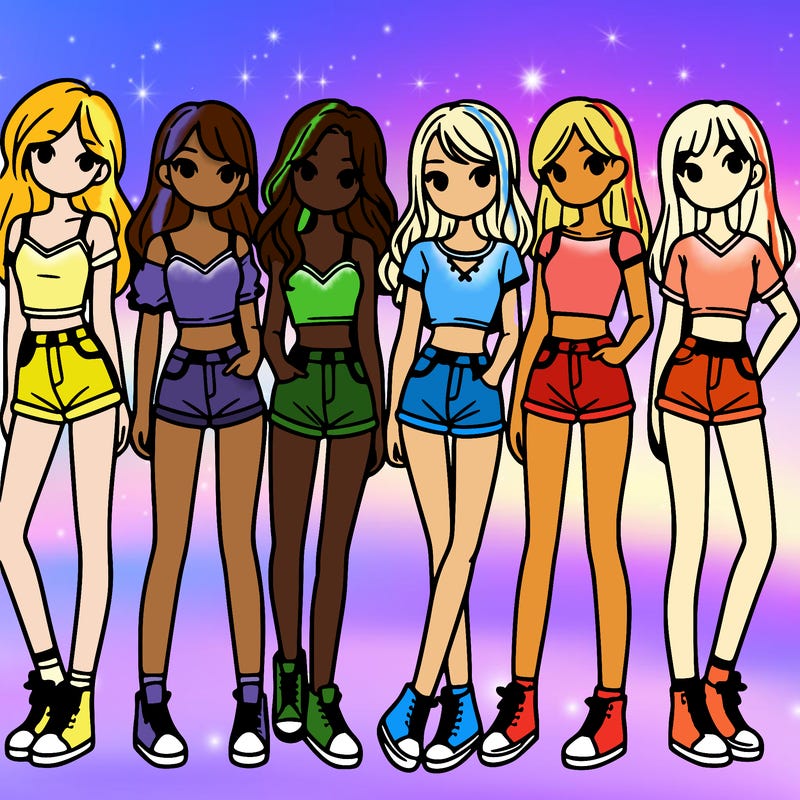 a group of girls wearing crop tops and shorts