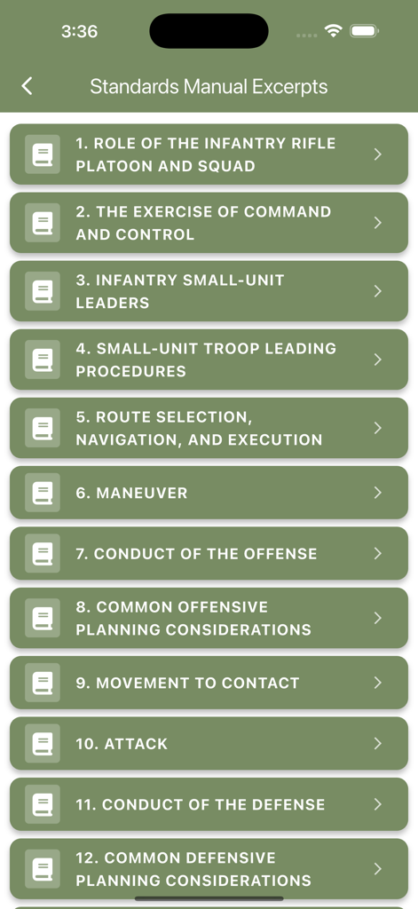Menu screen of the Infantry Platoon app displaying a list of military doctrine chapters including Command and Control, Maneuver, and Offensive operations.