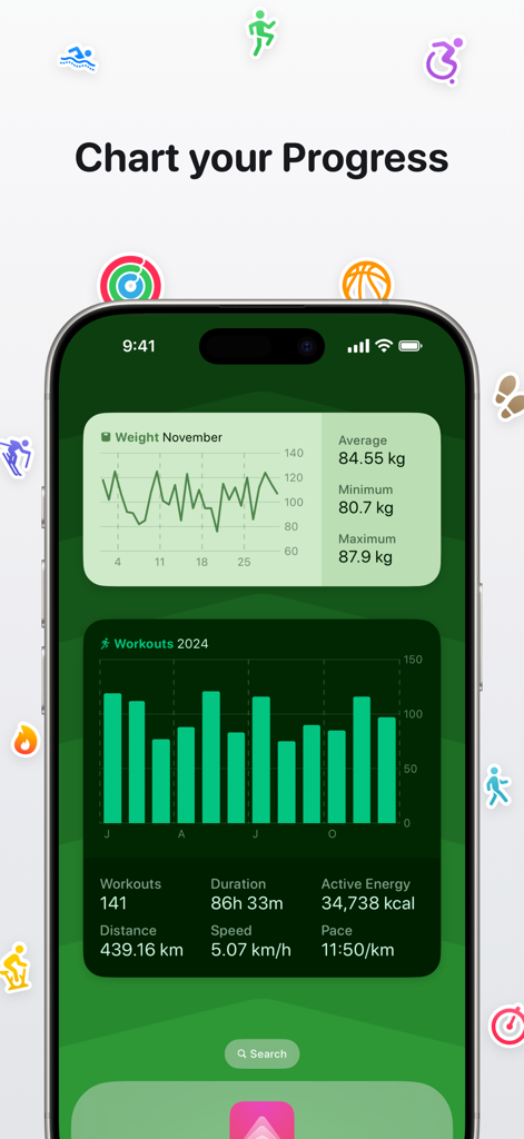 Peak: Health & Fitness Widgets - Peak app dashboard on an iPhone showing detailed weight and workout progress charts with custom health widgets