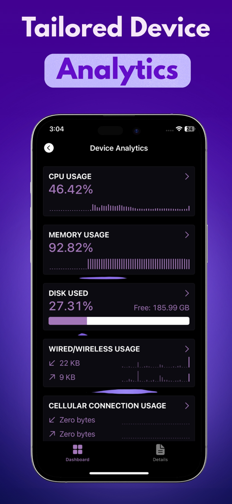 Onion Browser: VPN+Ad Blocker - Una interfaz móvil de la aplicación Onion Browser que muestra análisis en tiempo real del uso de CPU, memoria y disco