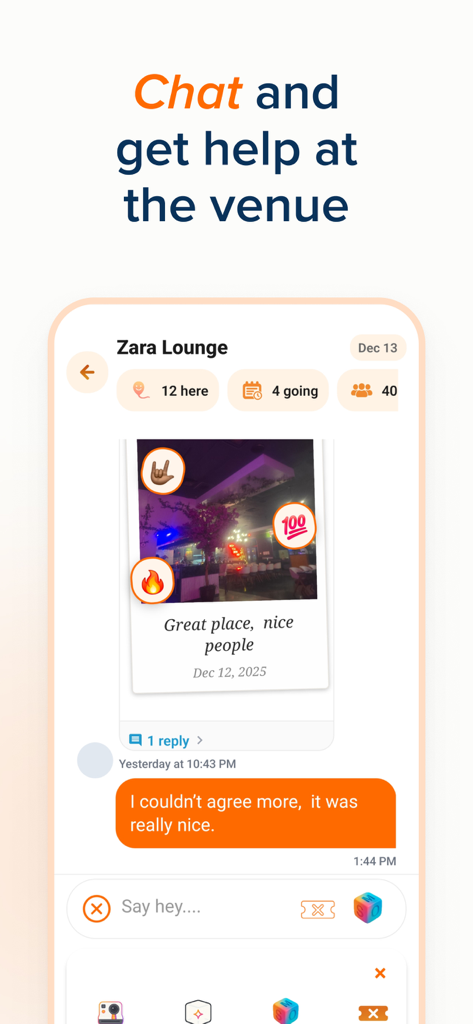 Meet OffScreen: IRL Friends - In-app chat screen showing group messages and venue attendance details for a curated local event.