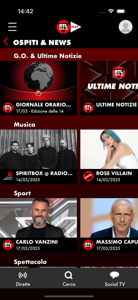 RTL 102.5 PLAY app interface showing the guests and news section with categories for music sports and entertainment