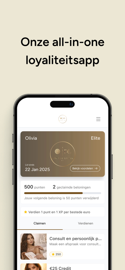 DL Beauty mobile app interface showing user points and rewards dashboard