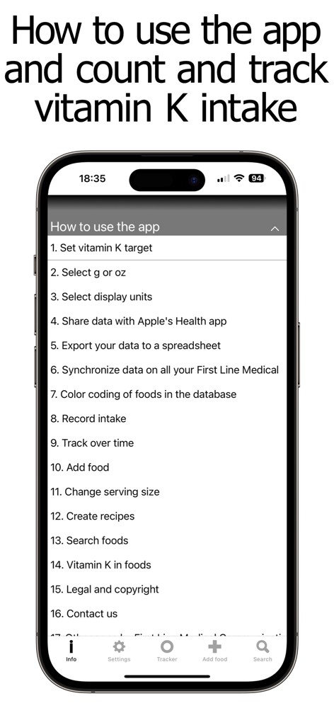 Vitamin K Counter & Tracker - A smartphone screen showing a numbered list of instructions on how to use the Vitamin K Counter and Tracker app.