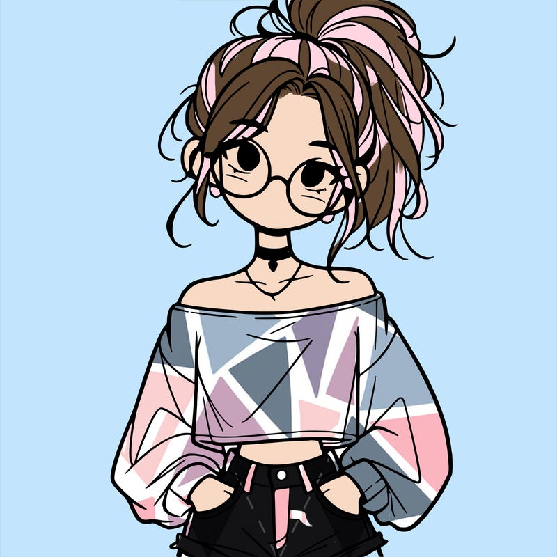 girl with a messy ponytail glasses a baggy crop top and jean shorts