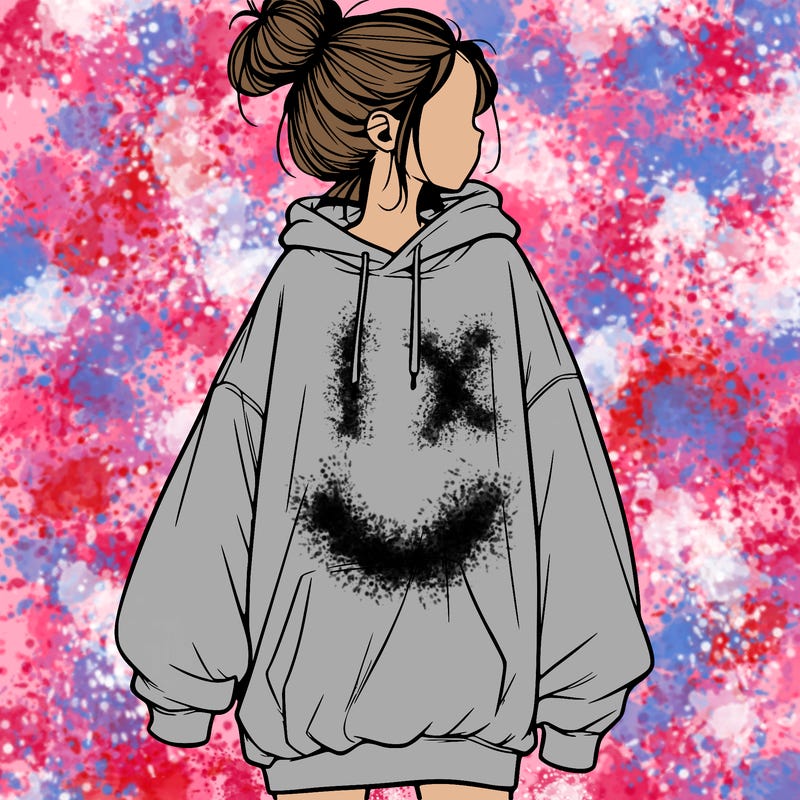 realistic girl with a oversized sweatshirt on and a bun