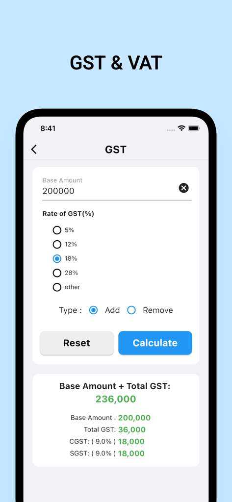 Financial Calculator Pro - GST and VAT tax calculator interface for Indian financial schemes