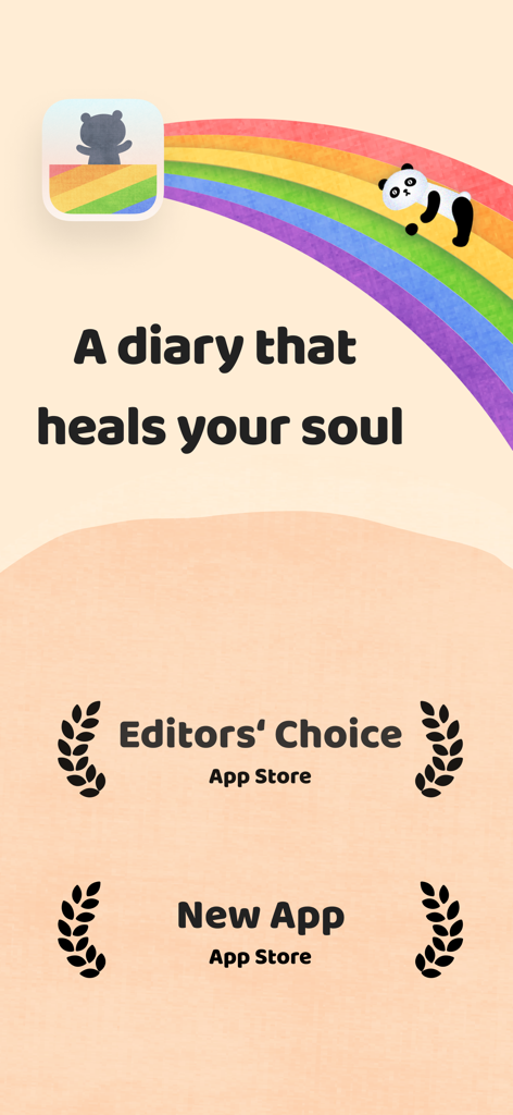mooding - diary, mood & notes - Promotional screen for Mooding app featuring a panda on a rainbow and App Store Editors Choice awards.