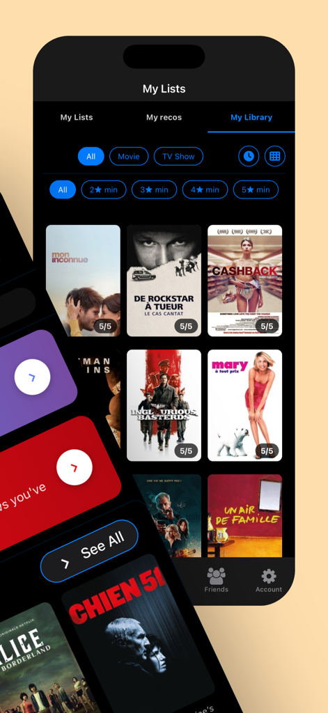 CinéList - Interfaz de la aplicación CinéList que muestra una biblioteca personal de películas y programas de televisión calificados.
