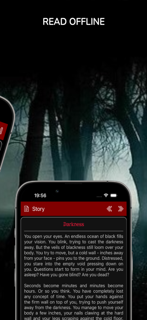 Nocturnal: Horror Stories - Nocturnalホラーアプリのインターフェースが表示されたモバイル画面。DarknessというタイトルのストーリーとRead Offlineヘッダーが表示されている。