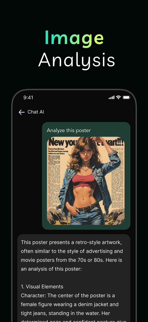 Deep AI Chat app interface demonstrating image analysis of a retro poster