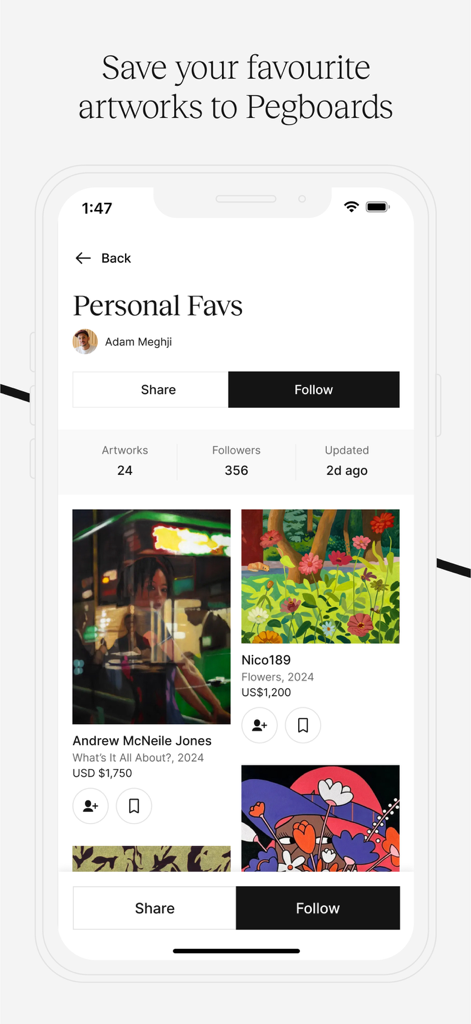 Peggy - Buy and Sell Art - Peggy mobile app screen showing a curated collection of favorite artworks on a personal Pegboard.