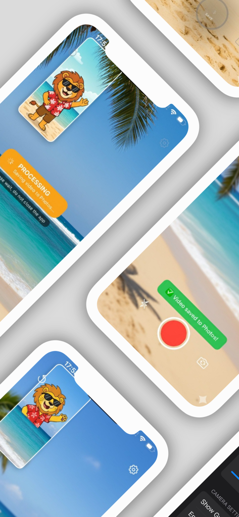 듀오 캠 앱의 스크린샷으로 듀얼 카메라 녹화 인터페이스와 비디오 저장 확인을 보여줍니다.