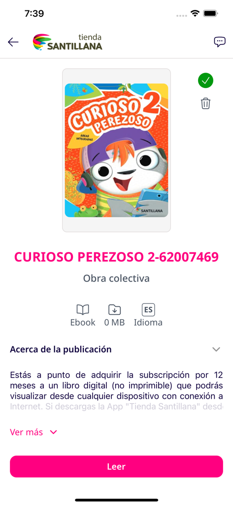 Tienda Santillana - Interface of Tienda Santillana app showing details and a read button for the digital book Curioso Perezoso 2