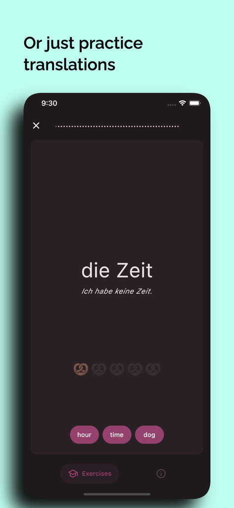 Aplicación de idiomas alemanes que muestra un cuestionario de traducción de opción múltiple para la palabra die Zeit