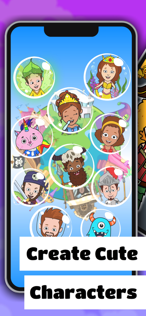 Tizi City game interface showing various cartoon characters in bubbles including a mermaid, pirate, and monster with text Create Cute Characters.