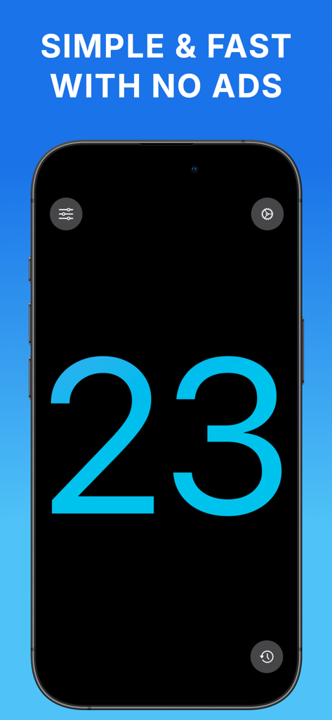 Random Number Generator . - Interface do aplicativo gerador de números aleatórios mostrando um número grande azul 23 em um fundo preto.