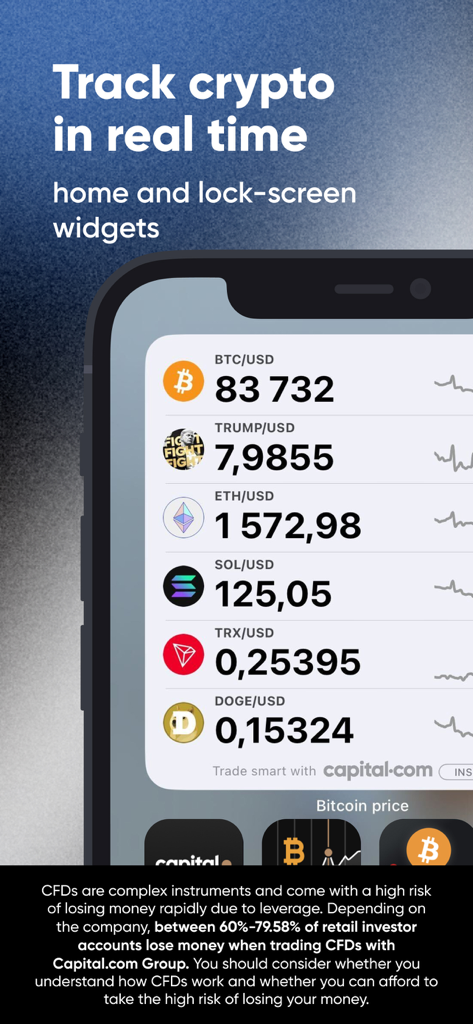 iPhone screen showing a real time crypto price widget for Bitcoin and other currencies