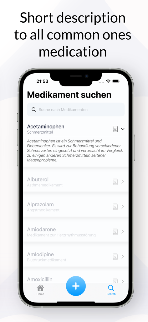 PillTracker: Pill Reminder - Search interface of PillTracker app displaying a list of medications and their descriptions