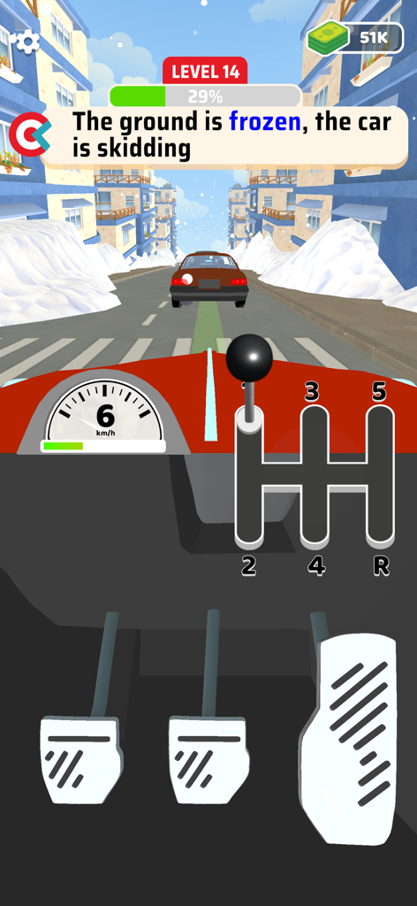 Mobile game interface showing manual car controls and a car on a frozen road