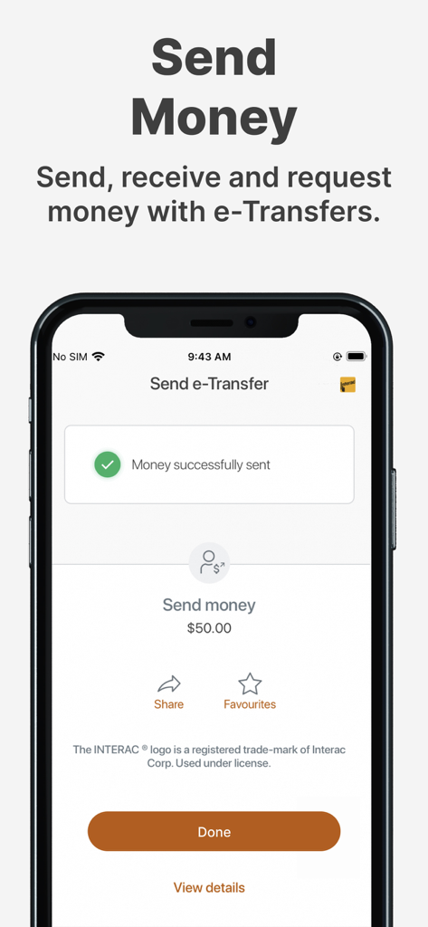 Alterna Savings Mobile Banking - Smartphone screen showing a successful fifty dollar e-Transfer confirmation on the Alterna Savings app.