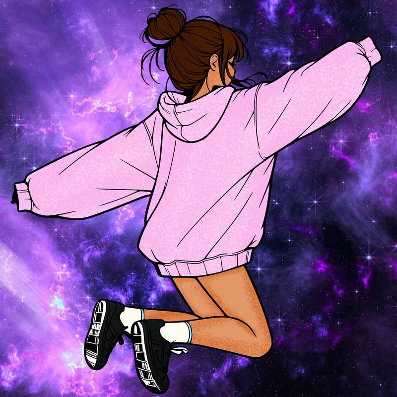 realistic girl jumping with a bun and oversized sweatshirt