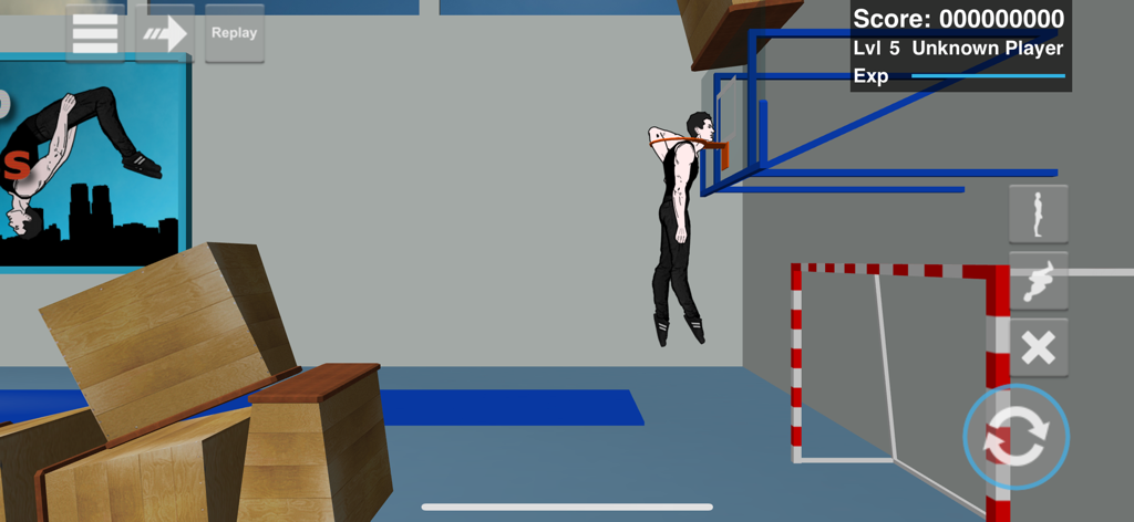 Backflip Madness - A character in mid-air performing a stunt in a gym environment with ragdoll physics