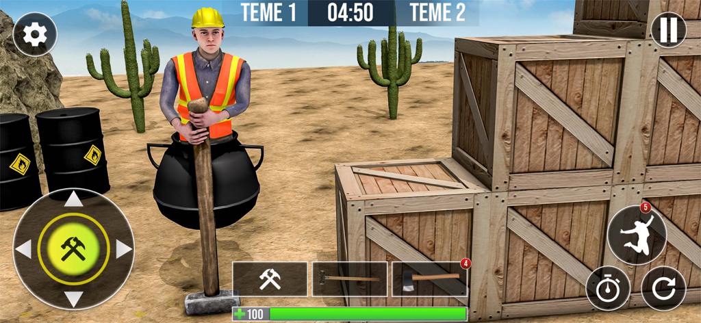 Pot Man Mountain Climbing Game - Pot man character with a sledgehammer in a desert landscape with wooden crates and game UI