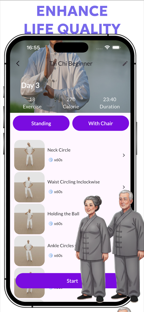 Interfaccia dell'app Tai Chi Trainer che mostra un elenco di esercizi per principianti con opzioni in piedi e da seduto