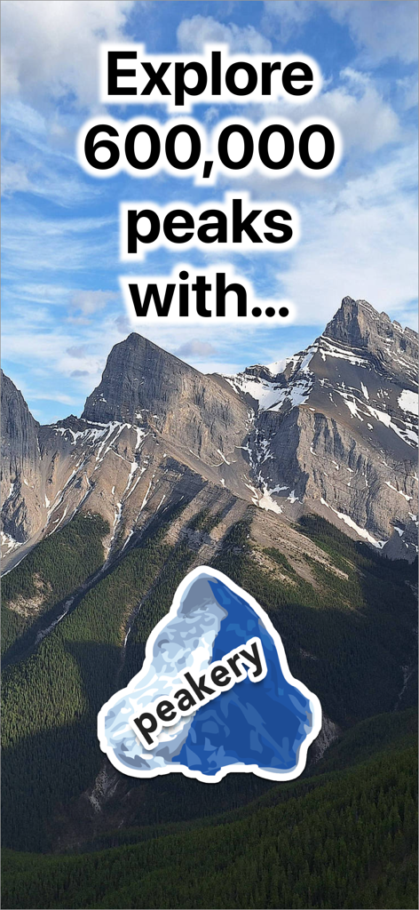 Peakery - Mountain landscape background with Peakery logo and text highlighting 600000 peaks to explore