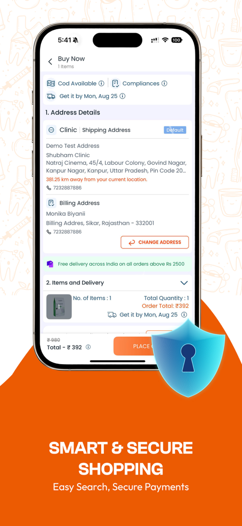 Dentalkart mobile app checkout screen displaying address details and secure shopping badge