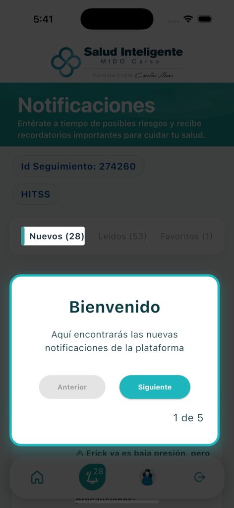 Salud Inteligente MIDO Carso - Mensaje de bienvenida de incorporación explicando la sección de notificaciones en la aplicación Salud Inteligente MIDO Carso.
