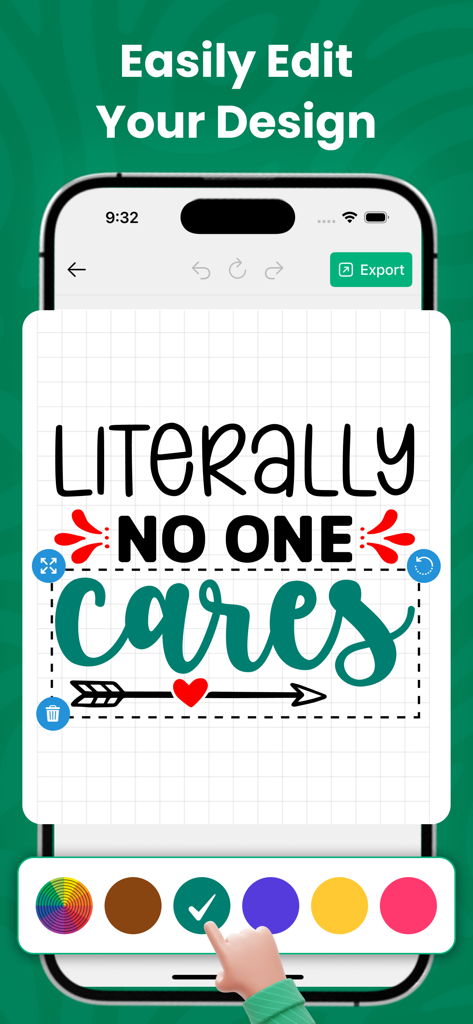 Sublimation Designer Printer - Interfaz de la aplicación Sublimation Designer mostrando a un usuario editando un gráfico de texto personalizado en un smartphone