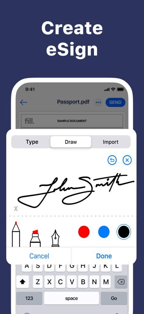 Interfaccia per disegnare una firma digitale sulla schermata di un'app per iPhone