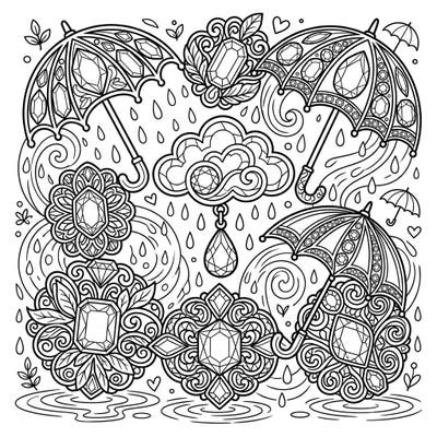 Unleash your creativity with this trendy coloring page featuring intricate gemstone brooches and a whimsical rainy day theme. Designed for teens, it's packed with detailed elements perfect for a relaxing artistic session.