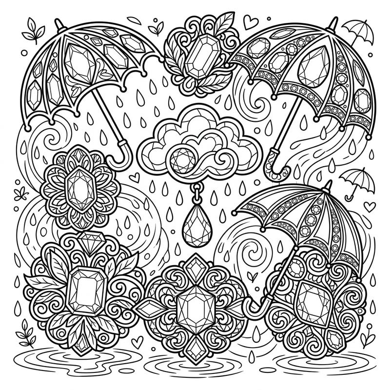 Unleash your creativity with this trendy coloring page featuring intricate gemstone brooches and a whimsical rainy day theme. Designed for teens, it's packed with detailed elements perfect for a relaxing artistic session.
