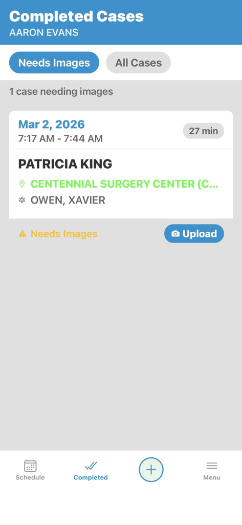 Vertex Medical Solutions - App dashboard showing completed anesthesia cases requiring image uploads for billing