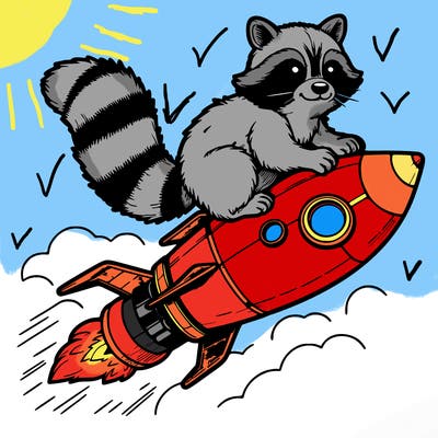 realistic raccoon flying on top rocket ship