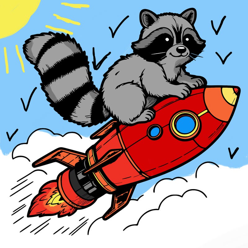 realistic raccoon flying on top rocket ship
