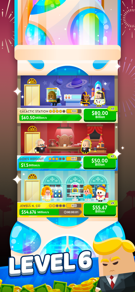 Gameplay screenshot of Cash Inc Fame and Fortune Game showing multiple business levels in a tower