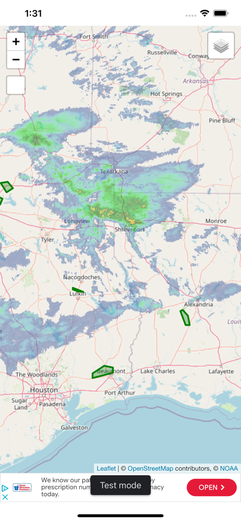 High resolution Doppler radar map showing storm tracking and precipitation across Texas and Louisiana