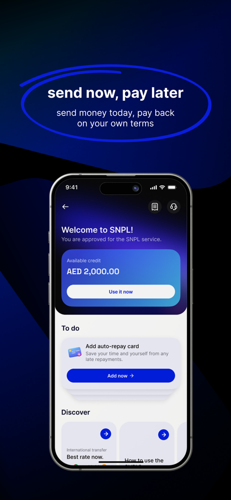 Botim App-Oberfläche, die die Funktion Send Now Pay Later (SNPL) mit verfügbarem Guthaben anzeigt
