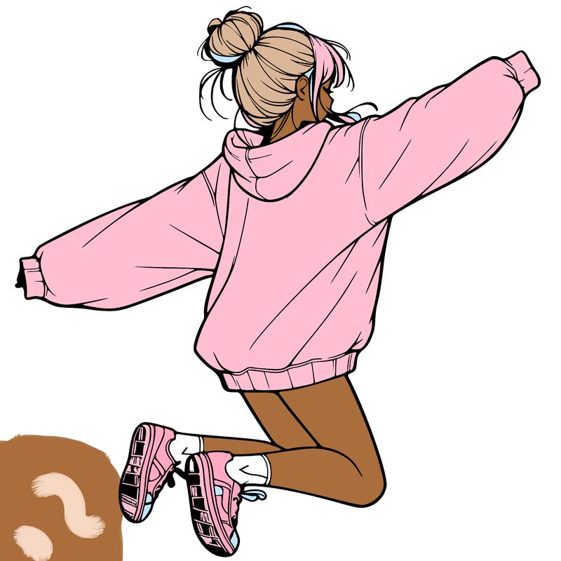 realistic girl jumping with a bun and oversized sweatshirt