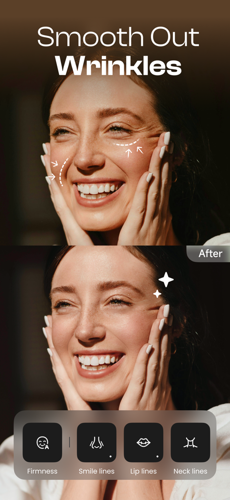Starii-AI Beauty Editor - Before and after comparison of AI wrinkle removal and skin smoothing on a smiling woman