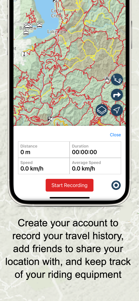 Tela do aplicativo TrakMaps mostrando mapas de trilhas e botão de iniciar gravação para navegação off-road