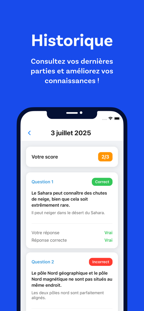 Luni - Quiz quotidien - History screen of Luni app displaying daily quiz results and detailed answers.